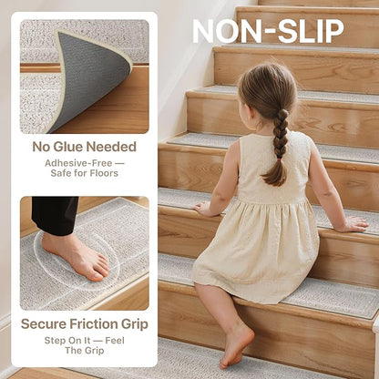 Non Slip Microfiber Stair Treads for Wooden Steps, 15PCS 8"x30" Indoor Safety Carpet, 3D Cut & Loop Tufted Edging Mats with TPE Adhesive Backing, Pet & Elderly Friendly Stair Rugs (Beige Border)