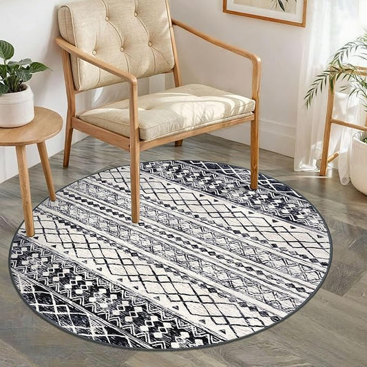KUTA Round Washable Rug 3Ft Boho Black Navy Blue Entryway Rugs, Moroccan Foyer Kitchen Carpet Non-Slip, Soft Distressed Geometric Low-Pile Circle Throw for Hallway Bedroom Nursery Dorm