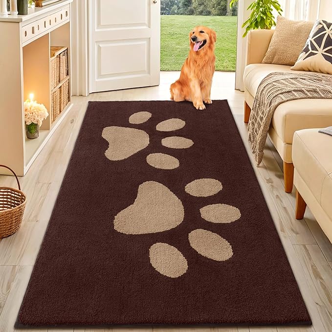 Smiry Dog Door Mat for Muddy Paws, Absorbs Moisture and Dirt, Low-Profile Entryway Mat with Non-Slip Backing, Entry Indoor Outdoor Doormat for Inside Floor (71x47 Inches, Brown, Paw)