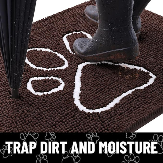 Smiry 2 Piece Dog Door Mat for Muddy Paws, Absorbent Dirt Trapper Non Slip Quick Dry Washable Chenille Mat for Mud Dogs, Entry Rug for Indoor and Outdoor (30x20 Inches, Brown)