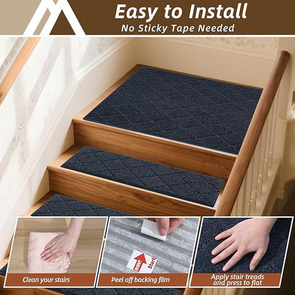 COSY HOMEER Stair Landing Rugs Non-Slip Corner Indoor Edging Stair Treads for Wooden Steps,Washable Soft Stair Landing Mat for Kids,Elder and Dogs,Polyester,TPE Backing,Navy,30x30inch