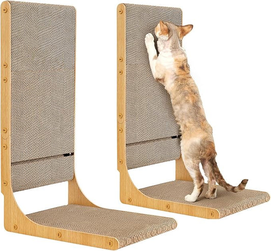 EHEYCIGA 2-Pack Cat Scratcher, 25.6 Inch L-Shaped Cardboard Scratch Pad for Indoor Cats, Vertical Cat Scratching Board with Ball Toy, Furniture Protector, Reversible Design for Double Life, Large