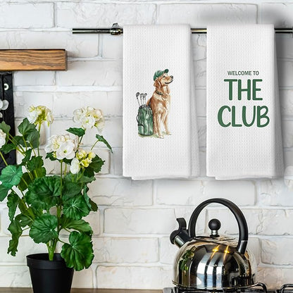 Golf Dog Kitchen Towels - Golden Retriever Dish Towels, Sports Gifts, Pet Golf Club Decorative Absorbent Dishcloths Hand Towels Set of 2 for Kitchen Gym Spa Decor 16x24 Inches