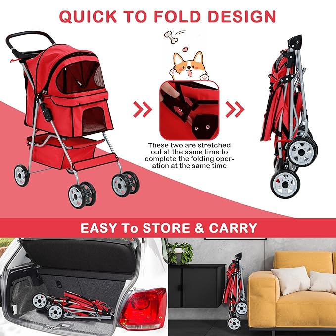 4 Wheels Pet Stroller Waterproof,Travel Stroller for Small Medium Dogs & Cats,Easy Fold with Removable Liner,Storage Basket,Red