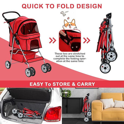 4 Wheels Pet Stroller Waterproof,Travel Stroller for Small Medium Dogs & Cats,Easy Fold with Removable Liner,Storage Basket,Red