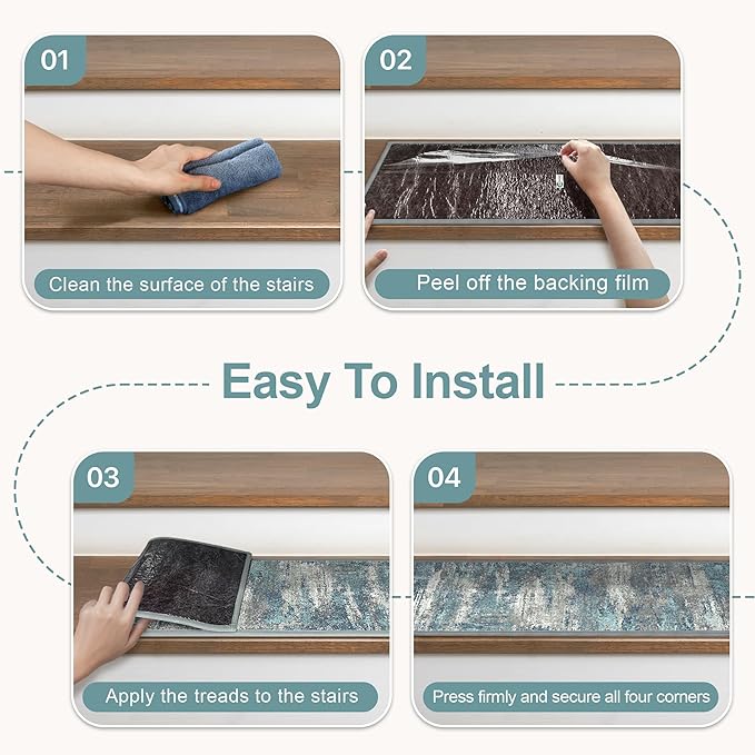 Non Slip Stair Treads for Wooden Steps 15PCS - 8"x30" Indoor Safety Carpet, Edging Mats with TPE Adhesive Backing, Pet and Elderly Friendly Stair Rugs (Blue&Grey)