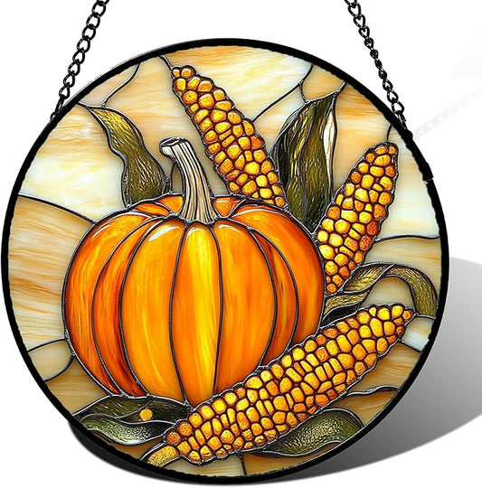 Stained Glass Window Hanging Autumn Harvest Pumpkin Corn 9.8" - Suncatcher Door Garden Kitchen Sunroom Sun Catcher Fall Home Decor Birthday for Mom Grandma Men Woman