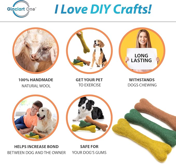 Glaciart One Felted Wool Dog Chew Bone (3 Pcs)| Durable for Puppy Chew for Teething & Dog Teeth Cleaning | Pet Toys Fetch Games & for Anxiety/Boredom | Great for Small or Medium