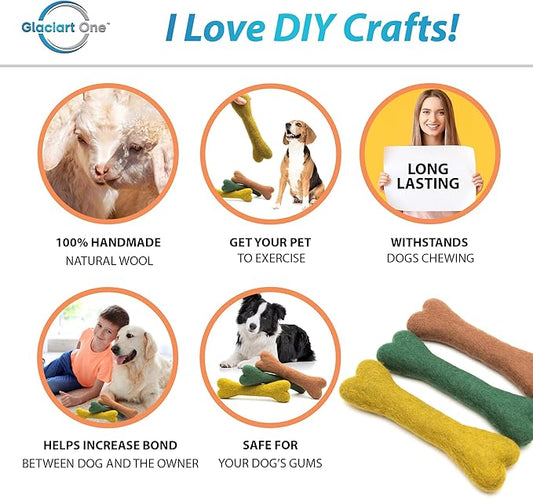 Glaciart One Felted Wool Dog Chew Bone (3 Pcs)| Durable for Puppy Chew for Teething & Dog Teeth Cleaning | Pet Toys Fetch Games & for Anxiety/Boredom | Great for Small or Medium