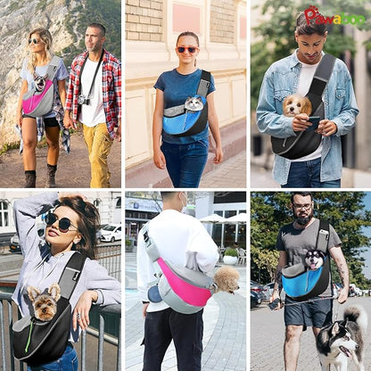 Pawaboo Pet Dog Sling Carrier, Hand Free Drawstring Dog Papoose with Adjustable Strap, Breathable Mesh Bag for Puppy Cat, Crossbody Satchel Dog Purse with Pocket for Outdoor, Dark Gray+Black, Medium