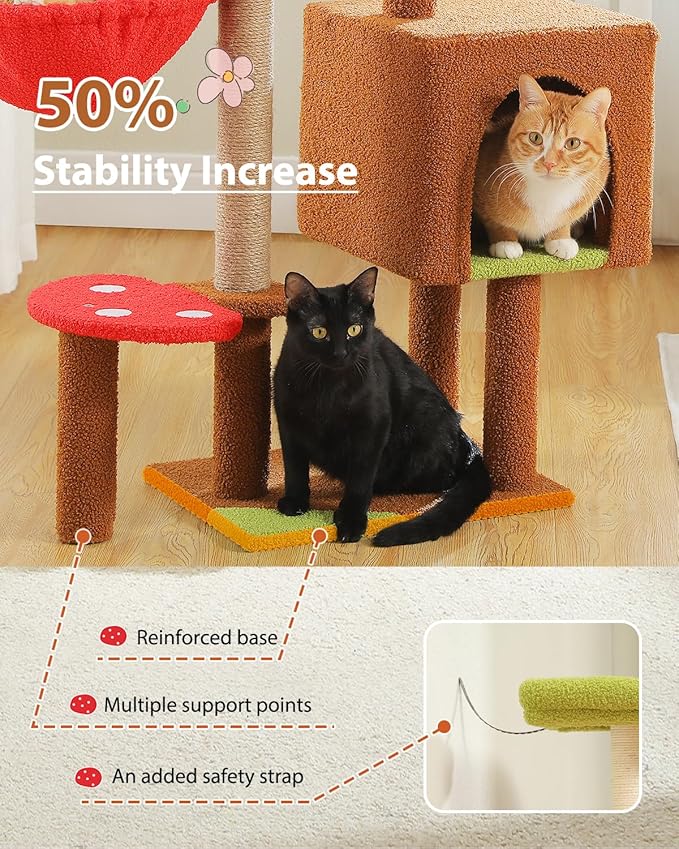 MUTTROS Mushroom Cat Tree with Sisal Scratching Posts, 35.4" Cute Cat Tower Cat Condo w/Large Green Top Perch, Soft Red Hammock, and Mushroom Dangling Ball, for Small-Medium Cats, Brown