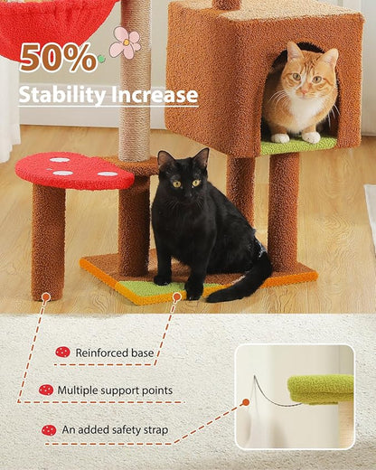 MUTTROS Mushroom Cat Tree with Sisal Scratching Posts, 35.4" Cute Cat Tower Cat Condo w/Large Green Top Perch, Soft Red Hammock, and Mushroom Dangling Ball, for Small-Medium Cats, Brown