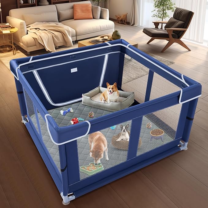 42x42 Inches Puppy Playpen with Dog Pads, Dog Playpen for Puppies or Small Dogs, Pet Playpen for Indoor & Outdoor, Sturdy Safety DogPen with Thickened Fabric, High-Strength Nylon Wire Mesh