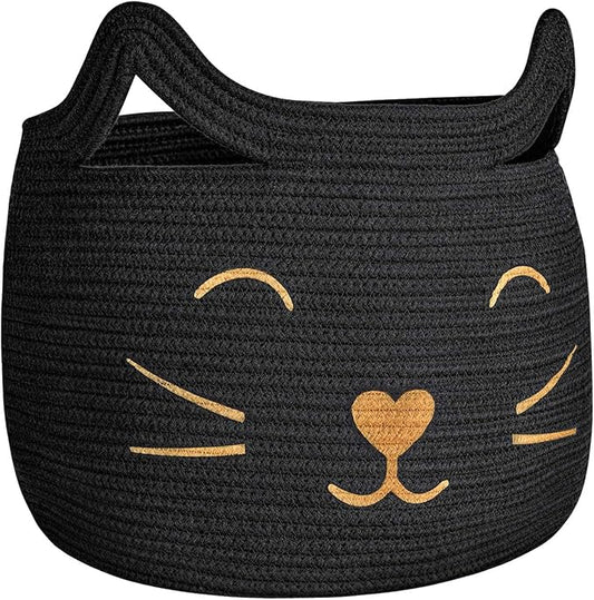 Large Woven Cotton Rope Storage Basket, Baby Laundry Basket Organizer for Toys, Blanket, Clothes, Towels, Gifts | Pet Gift Baskets for Cat, Dog - 15.7" L×11.8" H, Black