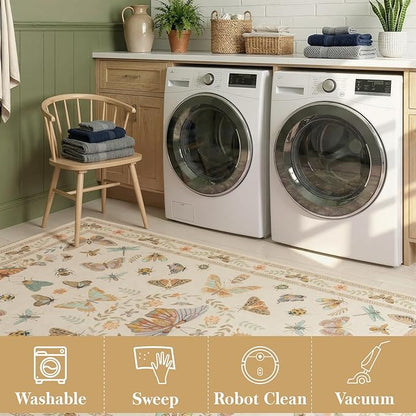 Unirea 2x6 Cream Runner Rug, Washable Non Slip Insect Botanical Rug for Hallway, Kitchen, Bathroom, Laundry Room, Entryway, Bedroom, Soft Boho Door Mat Indoor Entrance Bug Rugs, Low Pile Carpet