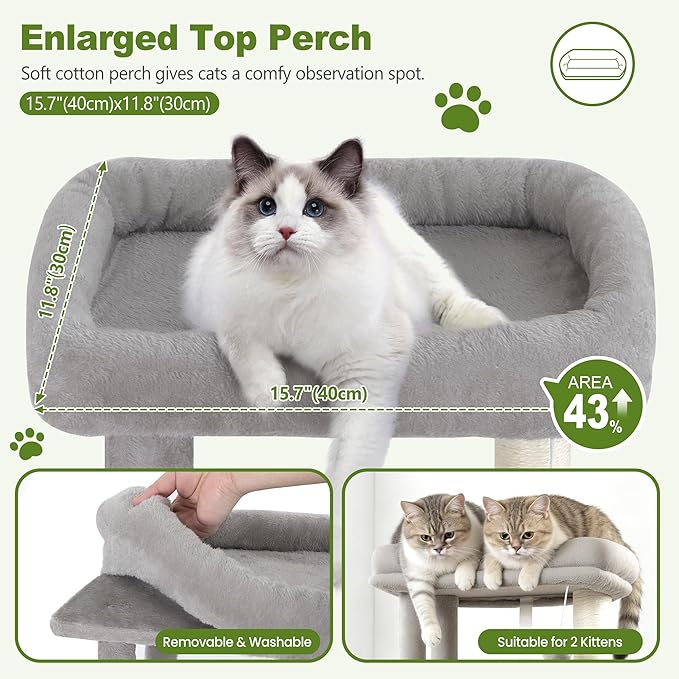Small Cat Tree Tower for Indoor Cats, 40 in Medium Compact Adults Cat Beds Trees with 2 Condos, Sisal Scratching Post, Large Perch Platform, Multi-Level Kitty Kitten Climbing Stands House(Light Grey)