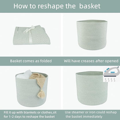 Cotton Rope Baskets For Girls Boys Kids 16”X14” Baby Laundry Basket Nursery Bin Round Woven Basket Organizer For Storage Toys Blankets Shoes Clothes light green