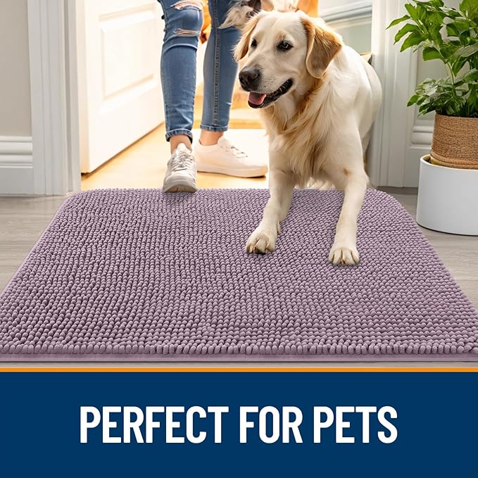 OLANLY Dog Door Mat for Muddy Paws 45x27, Absorbs Moisture and Dirt, Absorbent Non-Slip Washable Doormat, Quick Dry Chenille Mud Mat for Dogs, Entry Indoor Entryway Carpet for Inside Floor, Deep Plum