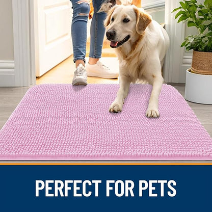 OLANLY Dog Door Mat for Muddy Paws 47x32, Absorbs Moisture and Dirt, Absorbent Non-Slip Washable Doormat, Quick Dry Chenille Mud Mat for Dogs, Entry Indoor Entryway Carpet for Inside Floor, Pink