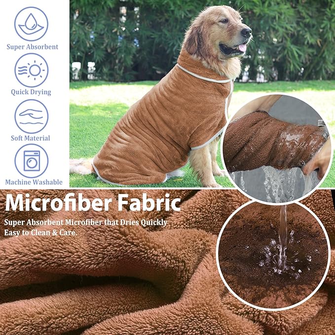 Dog Bathrobe Towel Dog Drying Coat - Super Absorbent Towels Bath Robe for Dogs Large, Soft Adjustable Collar & Belly Strap Fast Drying Coat Pet Cat Bath Robe (Brown, Large)
