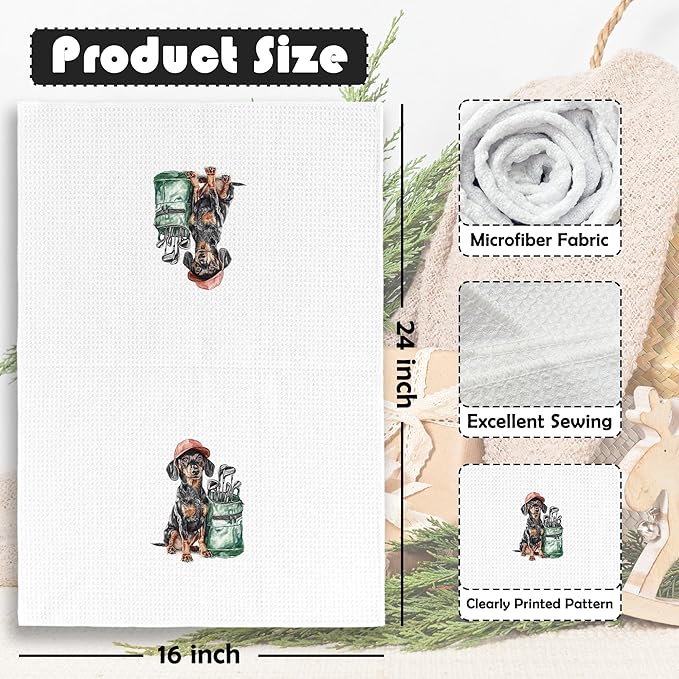 Golf Dog Kitchen Towels - Doberman Pinscher Dish Towels, Sports Gifts, Pet Golf Club Decorative Absorbent Dishcloths Hand Towels Set of 2 for Spa Kitchen Gym Decor 16x24 Inches