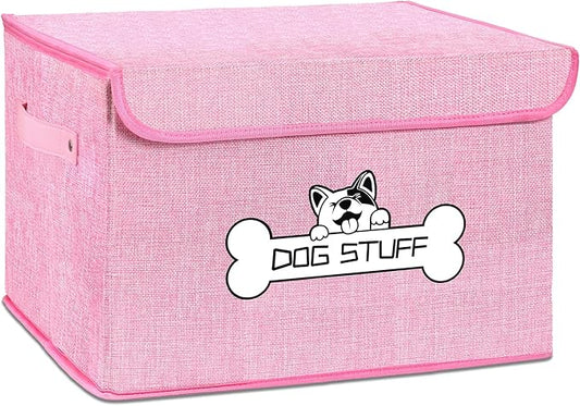 Fabric Dog Toy Box with Lid, Collapsible Storage Bin, Basket Organizer with Handle for Dog Toys, Blankets and Accessories, Pink