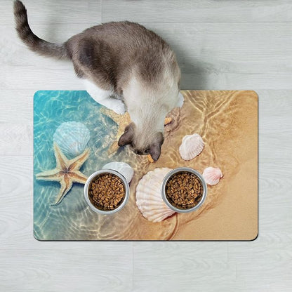 Dog Food Mats for Floors Absorbent, Cat Food Mat - Pet Cat Feeding Mat Quick Dry, Dog Bowl Mats for Water, Pet Supplies Feeding Placemat 16" x 24" Beach
