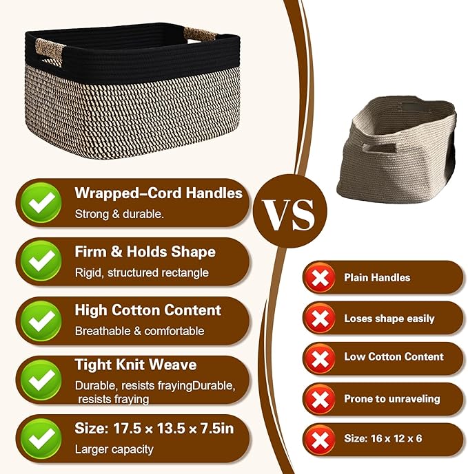 2 Pack Large Storage Basket for Organizing, 17.5"x13"x7" Woven Basket for Shelves, Closet Cube Storage Bins with Wrapped Handle, Cotton Rope Baskets for Kitchen, Clothes, Toys(Black & Brown)
