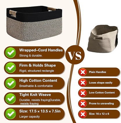 4 Pack Large Storage Basket for Organizing, 17.5"x13"x7" Woven Basket for Shelves, Closet Cube Storage Bins with Wrapped Handle, Cotton Rope Baskets for Kitchen, Clothes, Toys(Black & Brown)