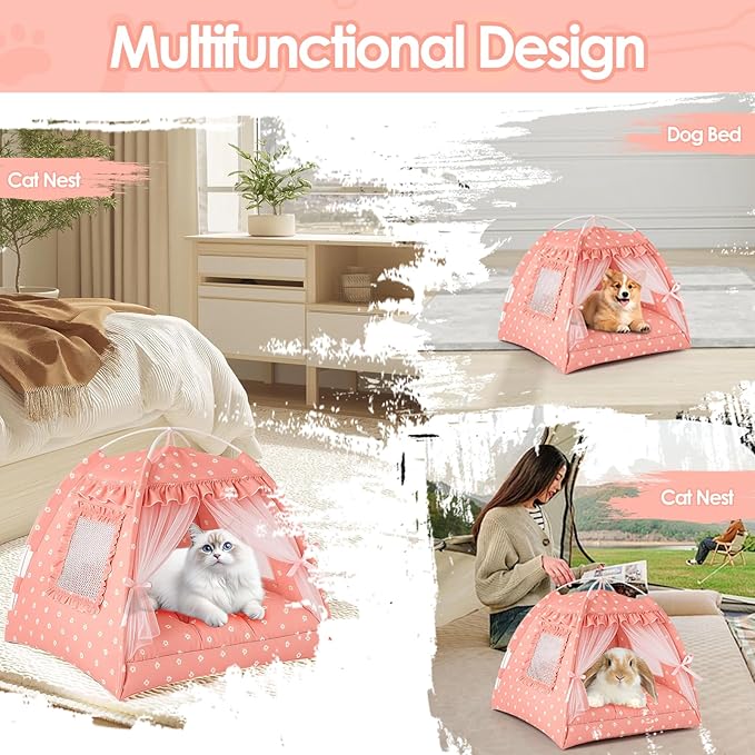 Cat Tent, Pink Cat Tents for Indoor Cats, Foldable Cats Teepee with Lace Mesh Breathable Windows, Portable Pet Tent for Small Pussy Dogs up to 5.5lbs(13.8 X 13.8in) (Pink, S)