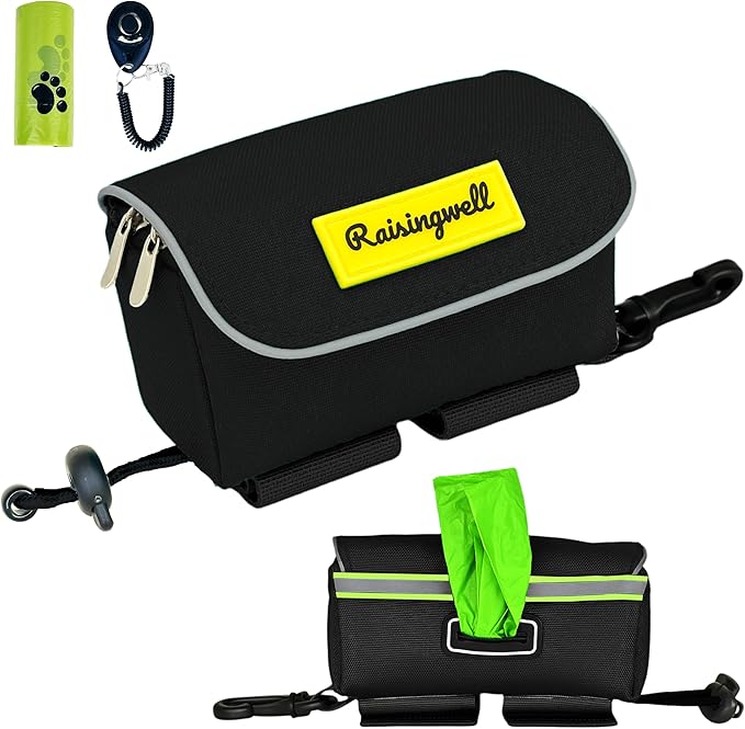 Dog Poop Bag Holder for Leash, 2 Waterproof Zipper Pouches, Dog Treat Pouch for Pet Walking Accessories, with Dispenser, Training Clicker and 1 Free Roll (Black)