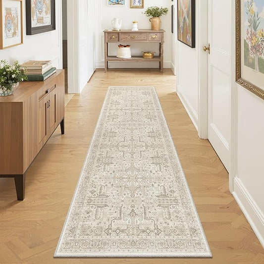 2x6 Hallway Washable Runner Rug - Soft Non Slip Vintage Rugs for Entryway Low-Pile Farmhouse Neutral Kitchen Runners Living Room Floor Mat Stain Resistant Distressed Carpet for Bedroom Bathroom Beige