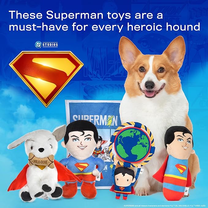 DC Comics Superman Krypto The Superdog Plush Dog Toy – Soft Squeaky Dog Toy with Crinkle Sounds, Cape & Milk-Bone Treat Design, 7.5 Inch