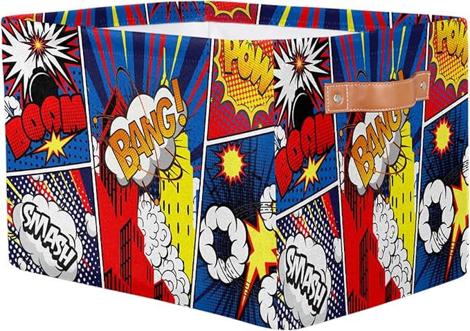 Rectangle Storage Basket with Handles, Cube Organizer Bins for Shelves Collapsible Toys Storage Box Clothes Baskets for Nursery Home Kids Room(Comics)