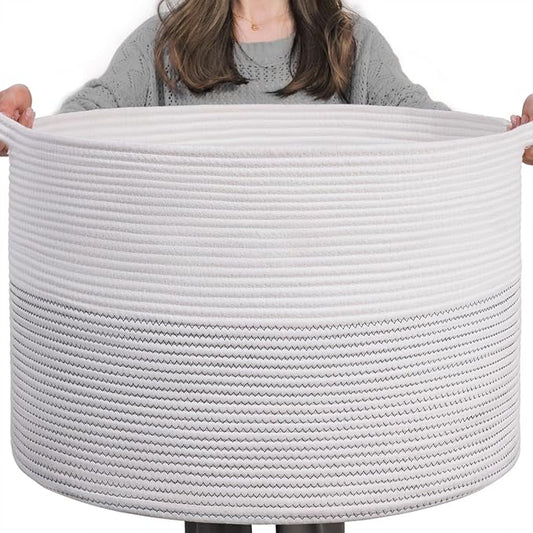 INDRESSME XXXLarge Cotton Rope Basket 21.7" x 21.7" x 13.8" Woven Baby Laundry Basket for Blankets Toys Storage Baskets with Handle Comforter Cushions Storage Bins Thread Laundry Hamper-Black Stitch