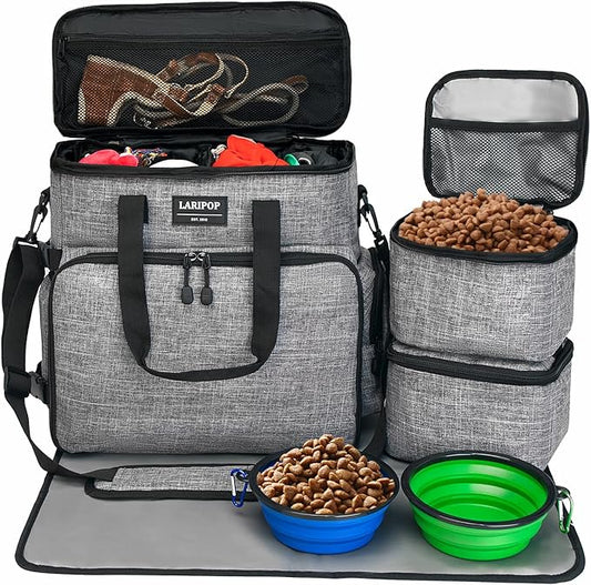 LARIPOP Dog Travel Bag Airline Friendly for Small Medium Large Dogs, Pet Travel Organizer with Collapsible Bowls Food Containers Mat, Waterproof Portable Tote for Dog Outdoor Travel