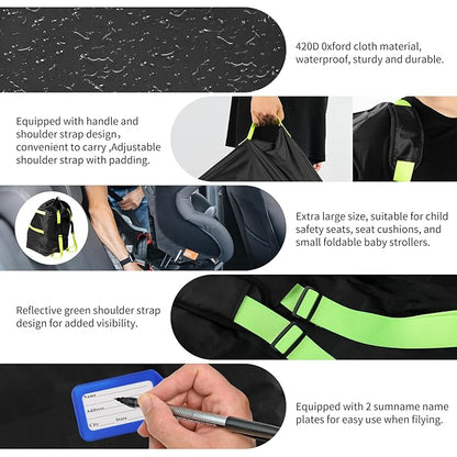 Car Seat Bag for Airplane Travel,Durable Padded Cover with Green Shoulder Straps, Fits All Car Seats, Includes 2 Luggage Tags, Waterproof Travel Bag for Air Travel