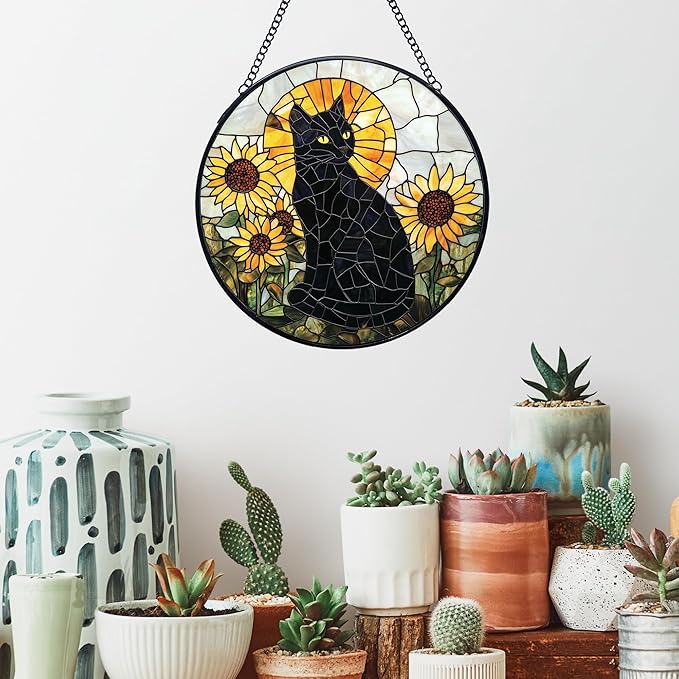 Black Cat Sunflower Stained Glass Window Hanging Suncatchers, Sunflower Flower Black Cat Sun Catchers Indoor Window Glass Wall Art Decor, Floral Wall Hanging Decorations Sculptures, 7.9x7.9in