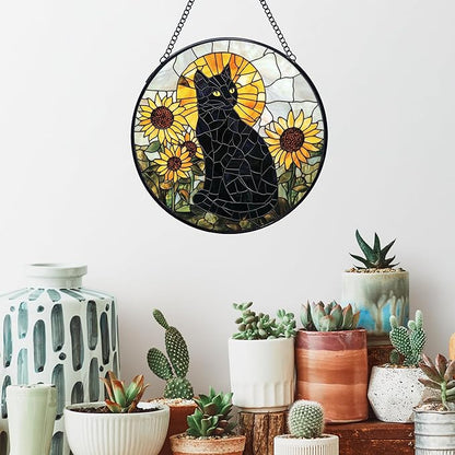 Black Cat Sunflower Stained Glass Window Hanging Suncatchers, Sunflower Flower Black Cat Sun Catchers Indoor Window Glass Wall Art Decor, Floral Wall Hanging Decorations Sculptures, 7.9x7.9in