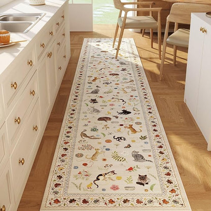 Rugcomf 2'7"x12' Kitchen Runner - Floral Cat Washable Long Hallway Runner Rug Non Slip, Boho Carpet for Entryway, Hall, Bathroom - Beige