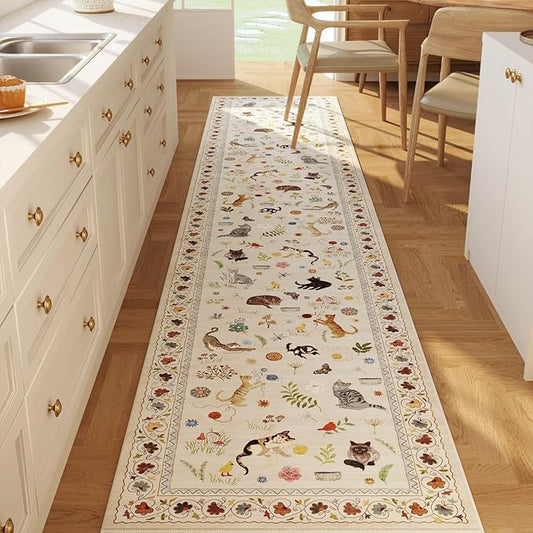 Rugcomf 2'7"x12' Kitchen Runner - Floral Cat Washable Long Hallway Runner Rug Non Slip, Boho Carpet for Entryway, Hall, Bathroom - Beige