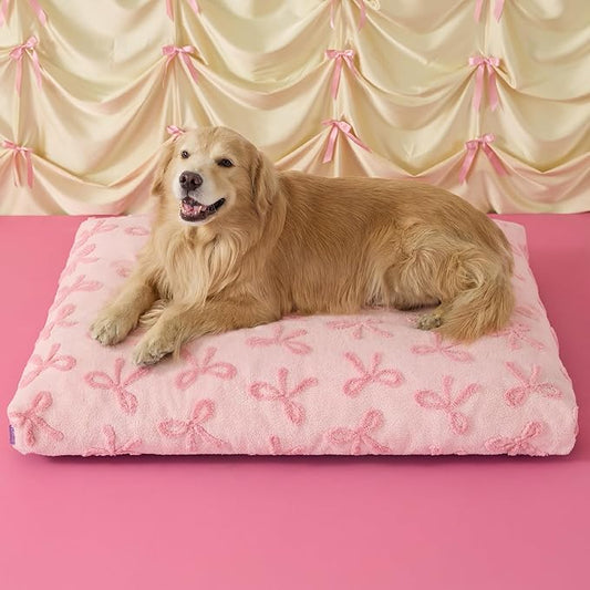 LE SURE Extra Large Dog Bed-Thick Shredded Chopped Foam Pet Bed as Gift for Indoor with Removable Cover, Cute Modern Fuzzy Plush & Anti Slip Bottom,Bow Pink