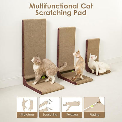 EHEYCIGA Cardboard Cat Scratcher for Indoor Cats, 32 Inch L Shaped Vertical Cat Scratching Board with Ball Cat Toy, Extra Large Cat Scratcher Pad, Dark Brown