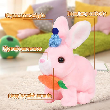 Easfan Bunny Plush Jumping Spotted Pink Rabbit with Hat Hopping Ears Nose Moving Educational Plush Toy Singing Shaking Glowing Interactive Toy Electric for Toddlers Kids