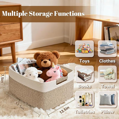 2 Pack Large Storage Basket for Organizing, 17.5"x13"x7" Woven Basket for Shelves, Closet Cube Storage Bins with Wrapped Handle, Cotton Rope Baskets for Kitchen, Clothes, Toys(Off White & Brown)