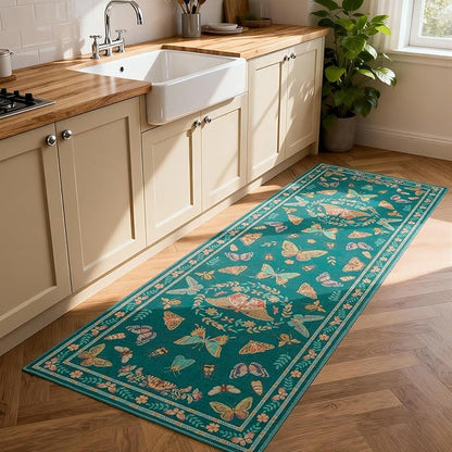 Unirea 2x6 Dark Blue Runner Rug, Washable Non Slip Insect Botanical Rug for Hallway, Kitchen, Bathroom, Laundry Room, Entryway, Bedroom, Soft Boho Door Mat Indoor Entrance Bug Rugs, Low Pile Carpet