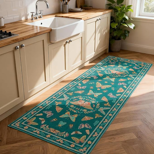 Unirea 2x6 Dark Blue Runner Rug, Washable Non Slip Insect Botanical Rug for Hallway, Kitchen, Bathroom, Laundry Room, Entryway, Bedroom, Soft Boho Door Mat Indoor Entrance Bug Rugs, Low Pile Carpet