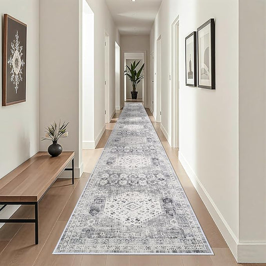 Washable 3x25 Hallway Runner Rug - Extra Long Vintage Non Slip Stain Resistant Rugs for Entryway Hall Kitchen Indoor Soft Living Room Bedroom Carpet Durable Low Pile Home Decor Floor Mat 3'x25' Grey