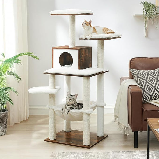 Feandrea Cat Tree, 56.3-Inch Modern Cat Tower, Multi-Level Plush Condo with Scratching Posts, Hammock, Washable Cushion, Rustic Brown UPCT164X01