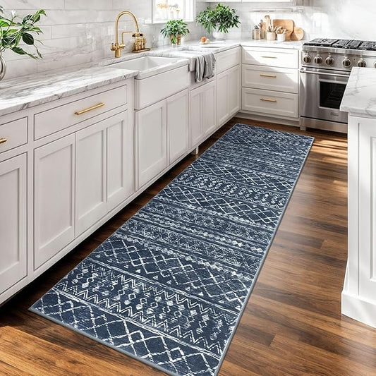 KUTA Moroccan Washable Runner Rug, 2x7 Non-Slip Vintage Navy Blue Boho Hallway Kitchen Rugs Ultra Soft Distressed Geometric Floor Carpet Runners for Bedroom Laundry Living Room